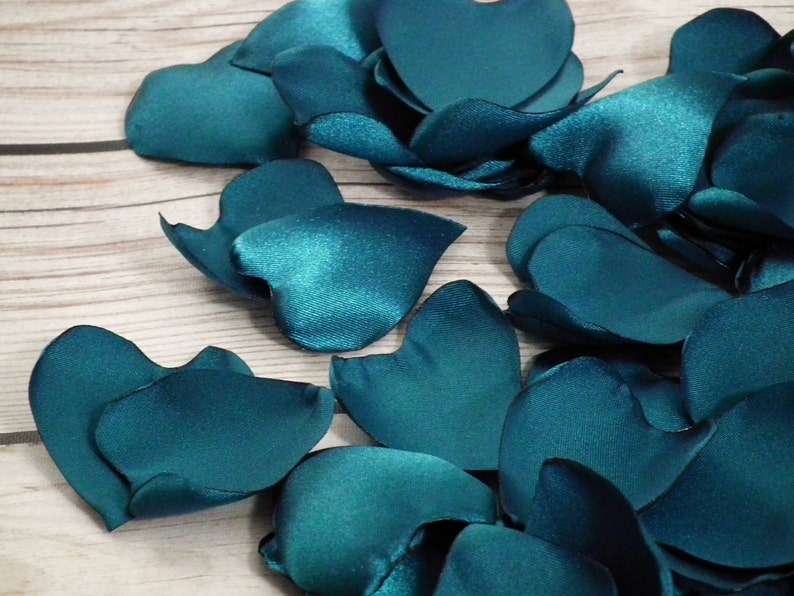 Heart shaped teal satin rose petals, artificial blue green flower petals image 2