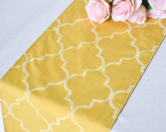 Moroccan style gold table runner, mustard yellow with white hand stenciled quatrefoil pattern