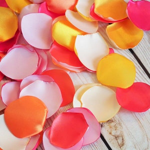 Sunset ombre satin rose petals, pink, orange, yellow artificial flower petals