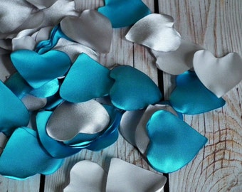 Heart shaped silver and turquoise satin rose petals - for wedding basket, aisle decor, anniversary, or date night, made to order