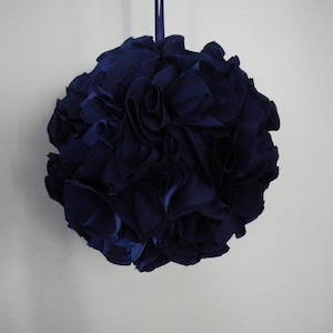 Navy kissing ball, 6 blue fabric pomander, floral ball, flower girl basket alternative, ruffled hanging decoration made to order image 6