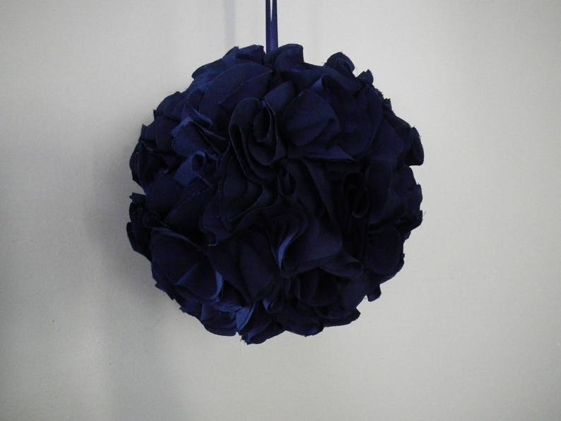 Navy kissing ball, 6 blue fabric pomander, floral ball, flower girl basket alternative, ruffled hanging decoration made to order image 6