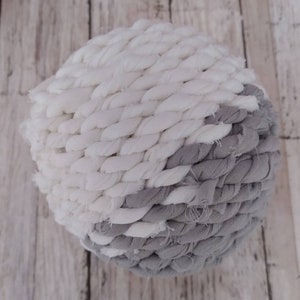 Silver and white decorative fabric twine ball, 3 inch (7cm) centerpiece bowl filler, striped home decor