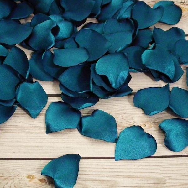 Heart shaped teal satin rose petals, artificial blue green flower petals