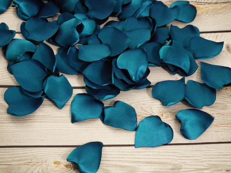 Heart shaped teal satin rose petals, artificial blue green flower petals image 1