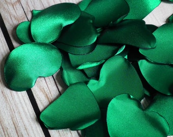 Heart shaped kelly green satin rose petals, emerald jewel toned - for wedding aisle decor, anniversary, date night, made to order