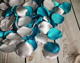 Silver and turquoise satin rose petals blend, blue and gray flower girl basket petals, aisle decor, table scatter, vase filler