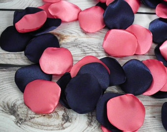 Coral and navy satin rose petals blend, table scatter, vase filler, artificial flower petals