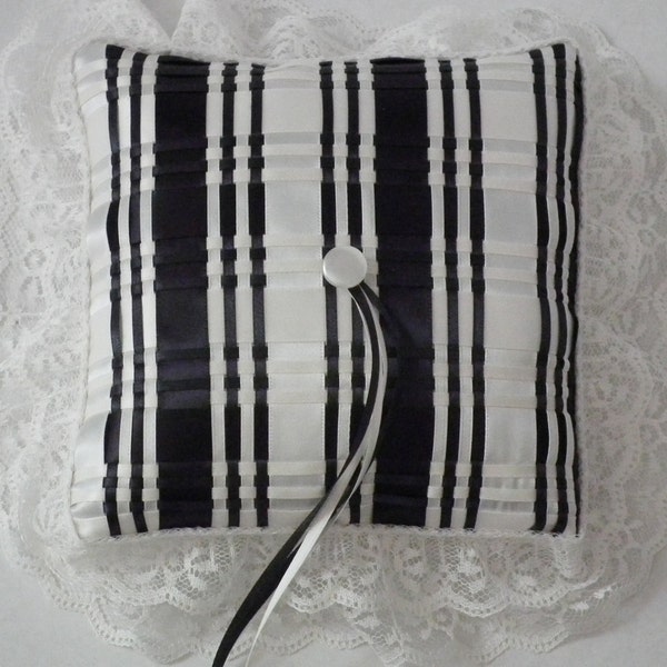 Black and ivory satin ring pillow with ivory lace, faux pearl button, satin ring ties - wedding ring cushion