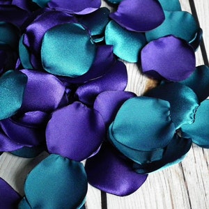 Purple and teal satin rose petals blend, artificial peacock colored flower petals, made to order