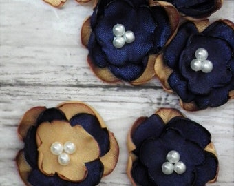 1 inch antique gold and navy blue satin flower embellishments, with faux pearl centers