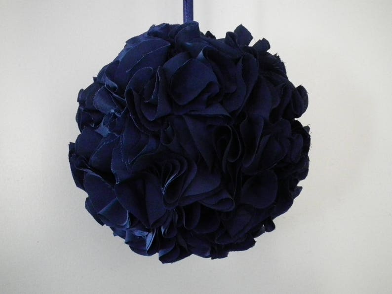 Navy kissing ball, 6 blue fabric pomander, floral ball, flower girl basket alternative, ruffled hanging decoration made to order image 1