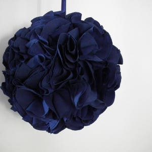 Navy kissing ball, 6 blue fabric pomander, floral ball, flower girl basket alternative, ruffled hanging decoration made to order image 5