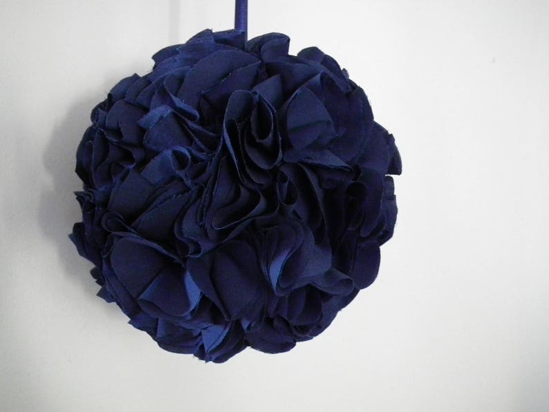 Navy kissing ball, 6 blue fabric pomander, floral ball, flower girl basket alternative, ruffled hanging decoration made to order image 5