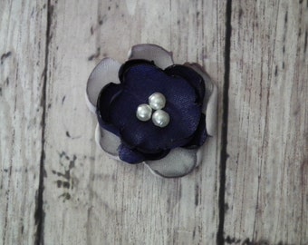 1 inch pewter and navy blue satin flower embellishments, with faux pearl centers