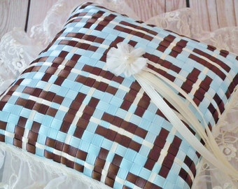 Light blue and brown satin ribbon ring pillow with ivory lace trim