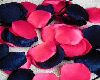 Cherry and navy satin rose petals, hot pink and dark blue flower girl basket petals, aisle decor, table scatter, vase filler, made to order