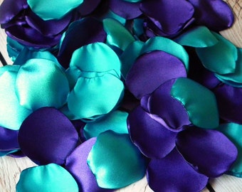 Purple and turquoise satin rose petals blend, flower girl basket petals, aisle decor, table scatter, vase filler, made to order