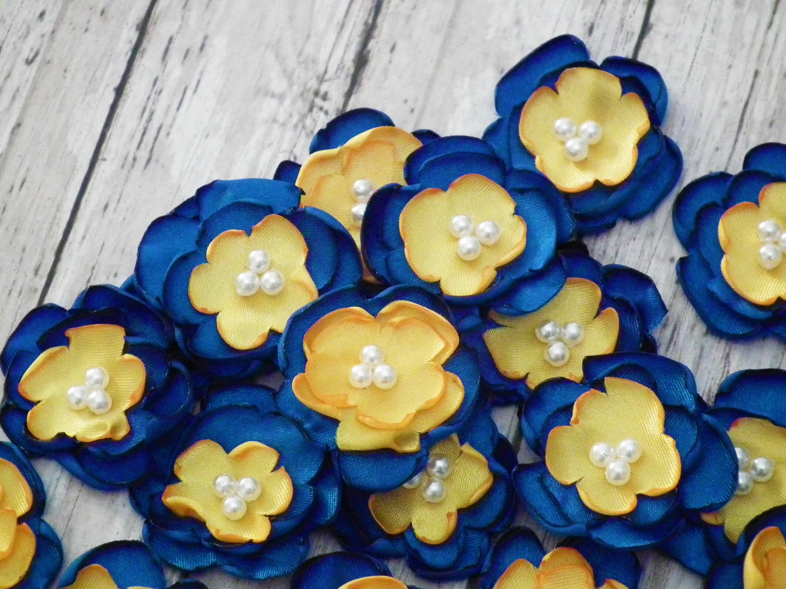 1 inch gold and royal blue satin flower embellishments with Etsy