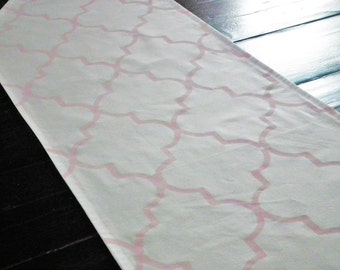White table runner with hand stenciled pink quatrefoil pattern, baby shower decor, made to order