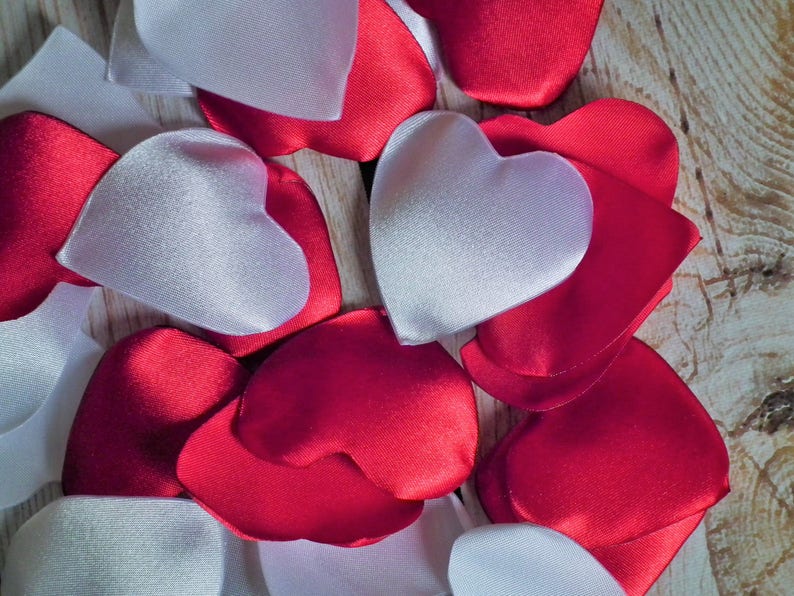 Heart shaped red and white satin rose petals, for wedding aisle, reception, 40th ruby anniversary, artificial flower petals, made to order image 1