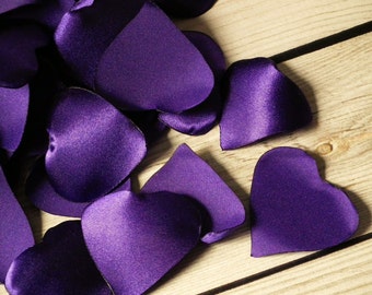 Heart shaped purple satin rose petals, for wedding aisle and flower girl basket, photo prop, table scatter