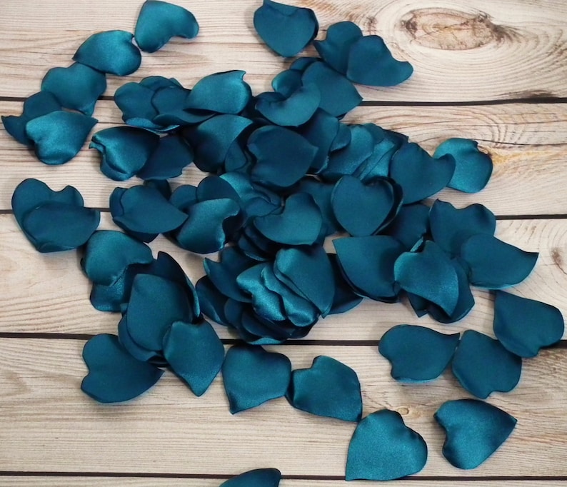 Heart shaped teal satin rose petals, artificial blue green flower petals image 3
