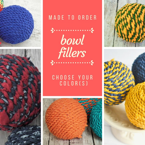 Striped fabric twine ball bowl fillers, choose your colors, 3 inch rag ball bowl ornaments, made to order
