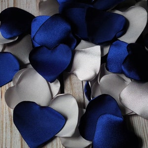 Heart shaped royal blue and silver rose petals, artificial blue and gray flower petals - for wedding aisle, basket, tables, made to order