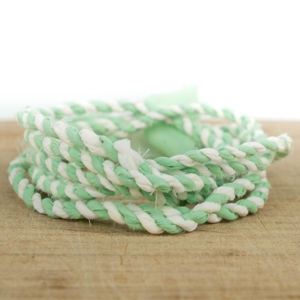 Cream and mint handmade fabric twine by the yard, chunky green and ivory cord