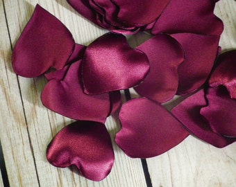 Heart shaped cranberry satin rose petals, artificial burgundy flower petals