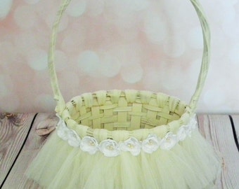 Ivory tutu flower girl basket, tulle wedding petal basket with white satin and pearl flowers, custom colors available, made to order