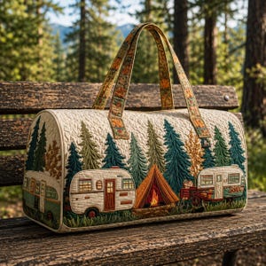 May include: A quilted duffel bag featuring an embroidered outdoor scene with evergreen trees, two vintage-style campers, and a central orange tent with a campfire. The bag has a cream-coloured base and two matching fabric handles with a floral pattern.