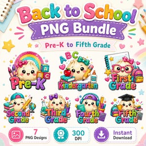 Glitter Dumpling School PNG Bundle | Kawaii Back to School PNG | Student Shirt Design | Kindergarten to Fourth Grade Sublimation