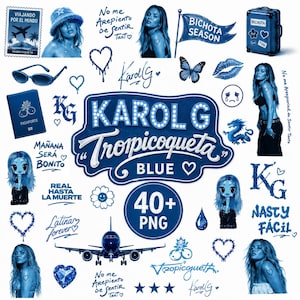Op de afbeelding: Een digitale collectie van meer dan 40 blauwe grafische elementen met Karol G, waaronder portretten, een paspoort, een zonnebril, een vlinder, een draak, harten, sterren, een koffer, een vliegtuig en teksten zoals Bichota Season en Tropicoqueta.