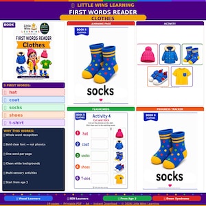 May include: A Little Wins Learning First Words Reader Clothes educational printable PDF featuring a book cover, learning pages, activity sheets, and a progress tracker. The content includes illustrations of a pink hat, blue coat, polka dot socks, sneakers, and a yellow t-shirt with text labels for early word recognition.