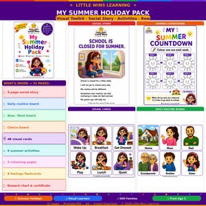 May include: A 31-page digital My Summer Holiday Pack by Little Wins Learning featuring a social story, visual cards, a summer countdown, and daily routine boards. The educational set includes colorful illustrations of children and family members.