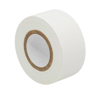 May include: A roll of white adhesive tape with a textured surface. The tape is wound around a central cardboard core that is brown on the inner edge and white on the inner circle. The roll has a cylindrical shape and a matte white finish.