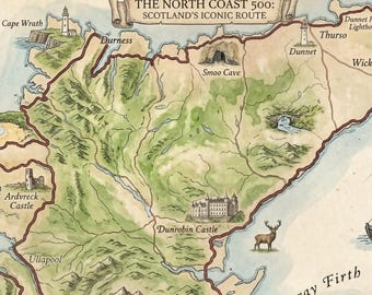 NC500 Map Poster, Antique Style North Coast 500 Route Print, Scotland Road Trip Souvenir, Personalized Travel Decor, Gift for Travelers