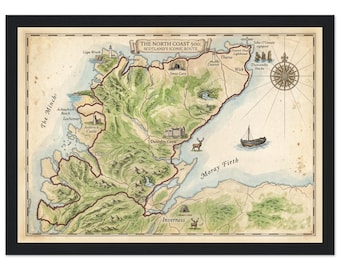 Framed NC500 Map Poster, Antique Style North Coast 500 Route Print, Scotland Road Trip Souvenir - Premium Matte Paper, Wooden Frame