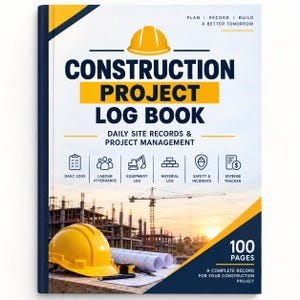 May include: A construction project log book with a yellow hard hat on the cover. The title reads Construction Project Log Book, Daily Site Records & Project Management. It features icons for daily logs, labour, equipment, materials, and expenses.