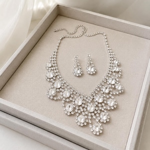 Clear Crystal Fan Bridal Jewelry Set, Silver Rhinestone Necklace Drop Earrings, Wedding Prom Statement Jewelry