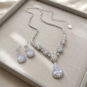 Teardrop Crystal Statement Jewelry Set, Silver Zircon Necklace & Drop Earrings, Pageant Wedding Formal Jewelry, Gift for Her