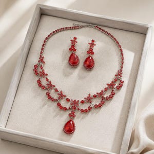 Red Crystal Statement Jewelry Set, Silver Tone Necklace Earrings