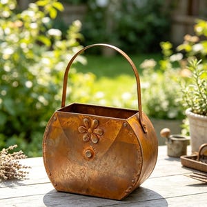 Creative Outdoor Yard Porch Wall Decor Ornament for Garden 11.8*7.8in，Rusted Metal Handbag Shaped Flower Basket, Vintage Rustic Planter Pot