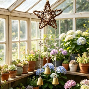 Rustikales Klangspiel mit Musiknoten, spirituelle Dekoration für Haus und Garten, 2er-Set gewebte Stern-, Mond- und Hexenglocken, Boho-Türknauf-Hängedekoration