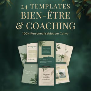 Pode incluir: Uma coleção de 24 modelos digitais para bem-estar e coaching dispostos em leque. O texto diz 24 TEMPLATES BIEN-ÊTRE & COACHING 100% Personnalisables sur Canva e FORMAT INSTAGRAM CARRÉ. O design apresenta tons de cor verde.