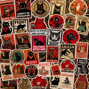 以下が含まれることがあります： Liberty or Revolution、Fight for Human Rights、Resistなどの政治的スローガンと様々な猫のイラストが描かれた、長方形や円形のステッカーのコレクション。赤、黒、クリーム色のカラーパレットが使用されています。