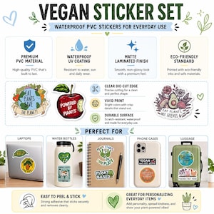 May include: A vegan sticker set featuring waterproof PVC material with a matte finish. The set includes various designs like an apple with the text Powered by Plants, and stickers with phrases like Eat Plants Save The Planet and Eat Plants Not Friends.