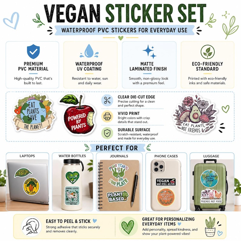 May include: A vegan sticker set featuring waterproof PVC material with a matte finish. The set includes various designs like an apple with the text Powered by Plants, and stickers with phrases like Eat Plants Save The Planet and Eat Plants Not Friends.